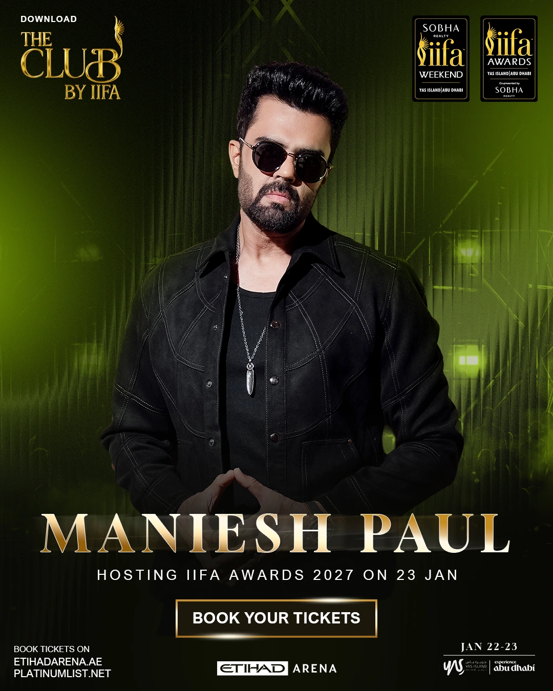 Official IIFA 2027 poster announcing Maniesh Paul as host on 23 January at Etihad Arena