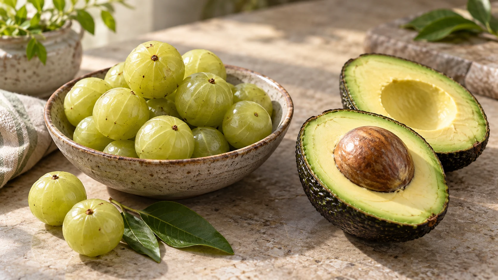 AI-generated illustration of amla and avocado on a stone tabletop.
