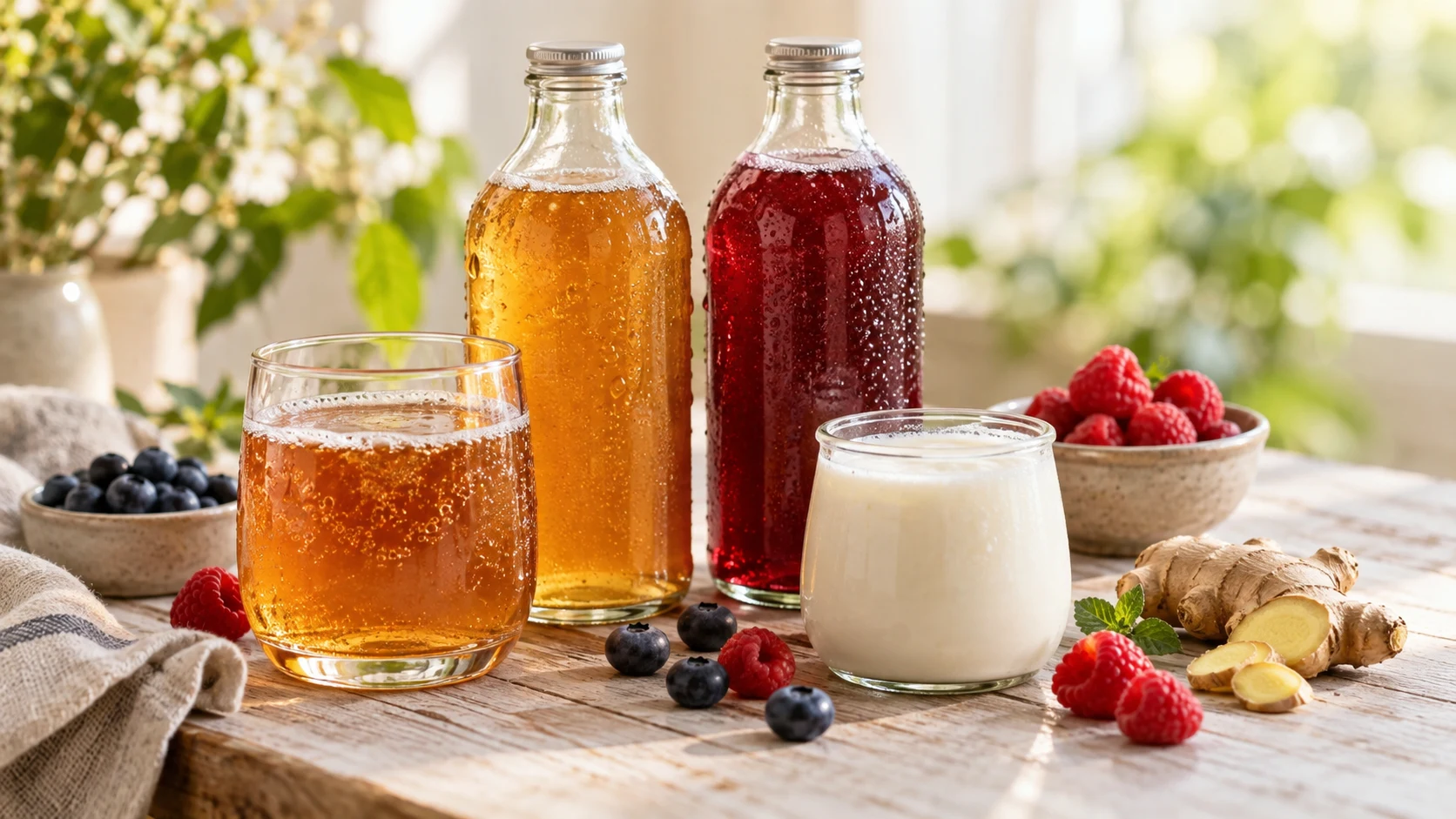 AI-generated illustration of unbranded fermented drinks, berries and ginger.