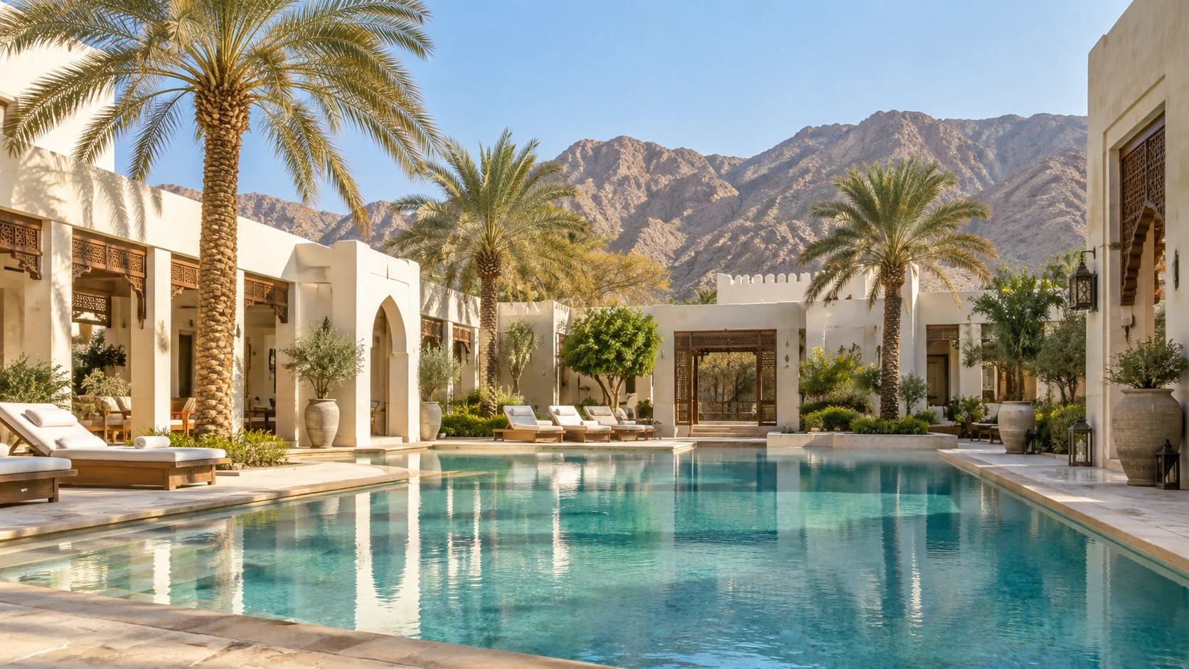 AI-generated illustration of an Omani-inspired hotel courtyard and pool.