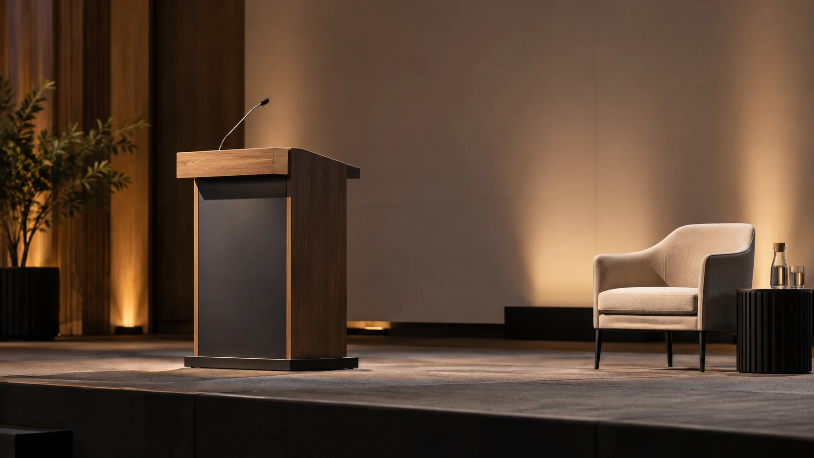 A conference stage prepared for speakers — AI-generated supporting illustration