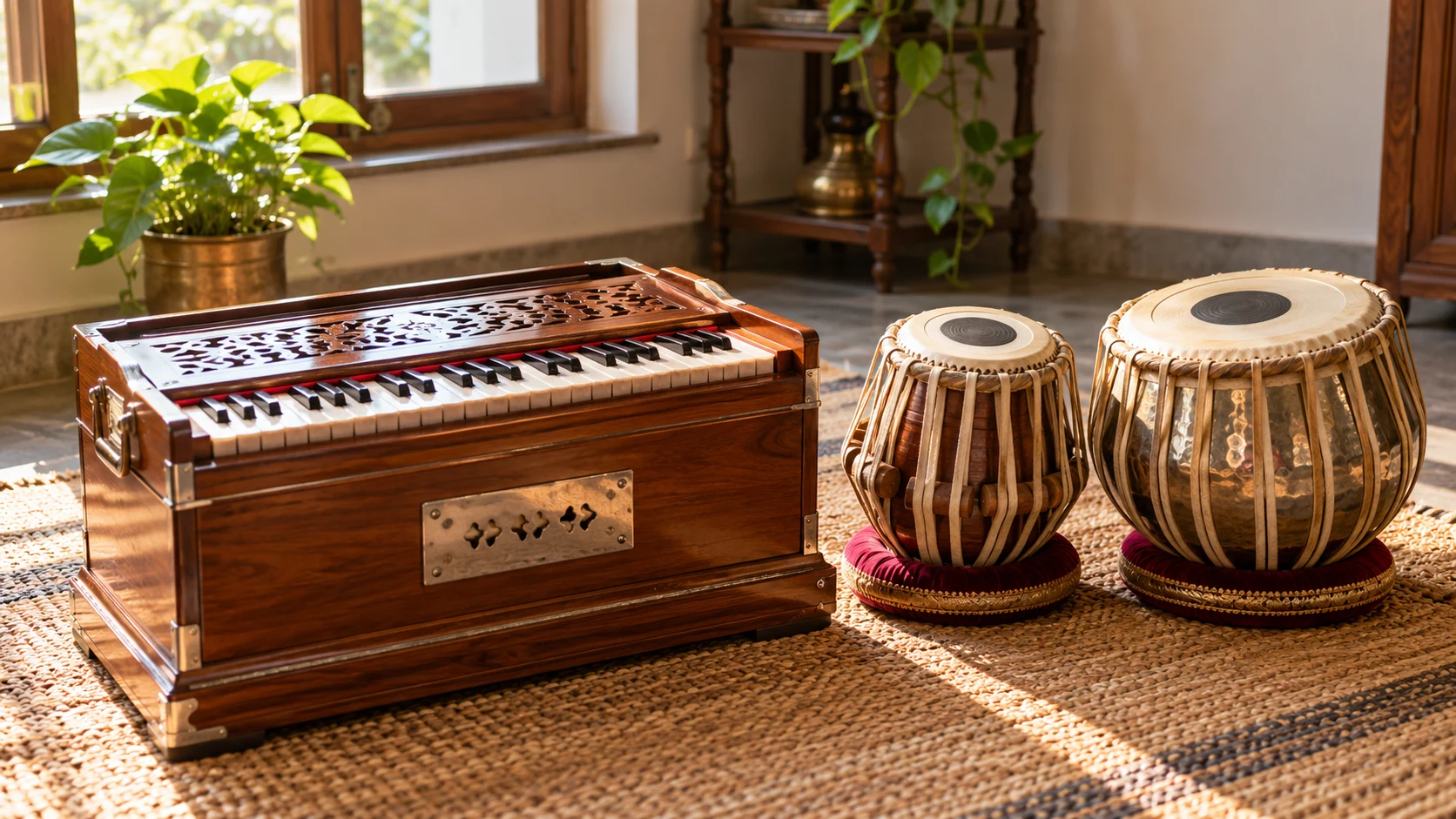Indian devotional music instruments — AI-generated supporting illustration