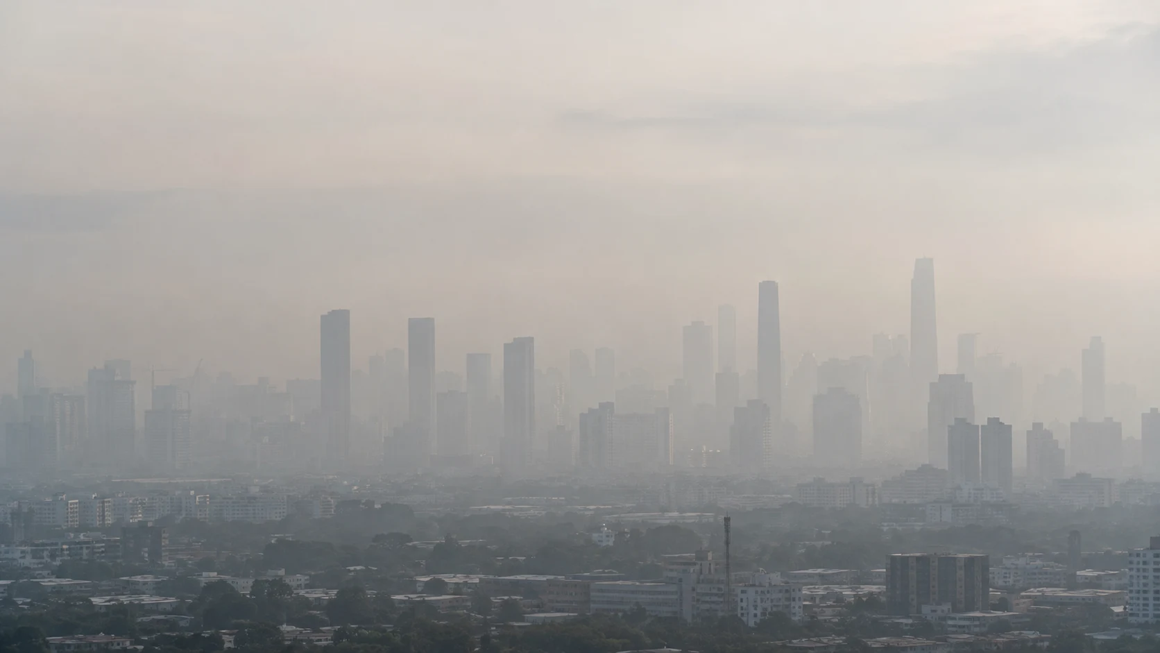 Reduced visibility in an urban skyline — AI-generated supporting illustration