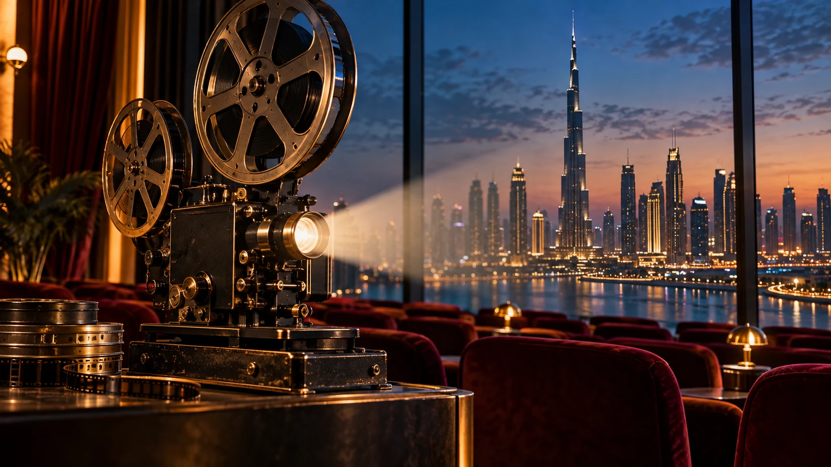 Conceptual cinema projector with Dubai skyline at dusk