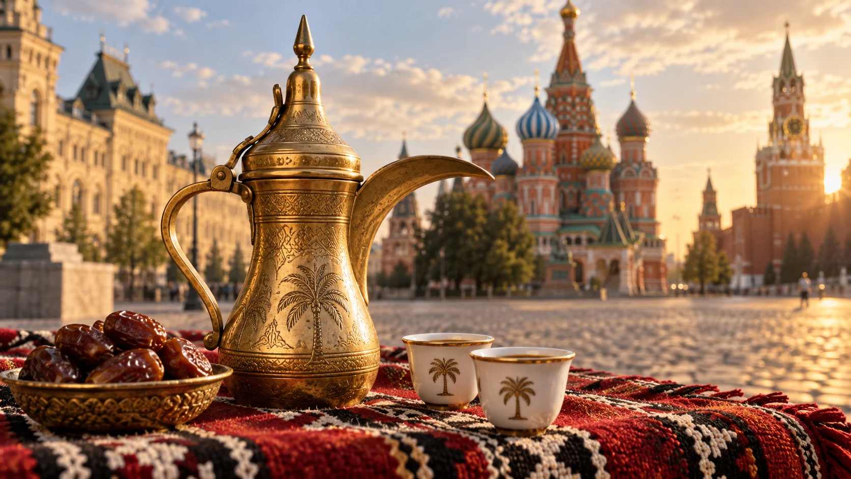 Conceptual Emirati coffee hospitality with Moscow architecture in the background