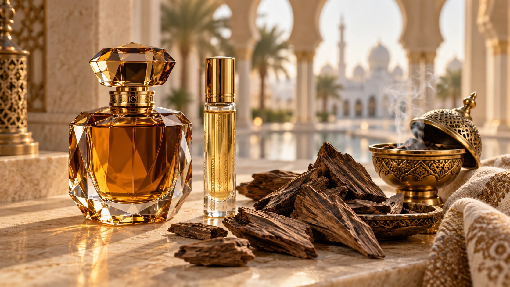 Conceptual perfume and oud still life with amber bottles and incense