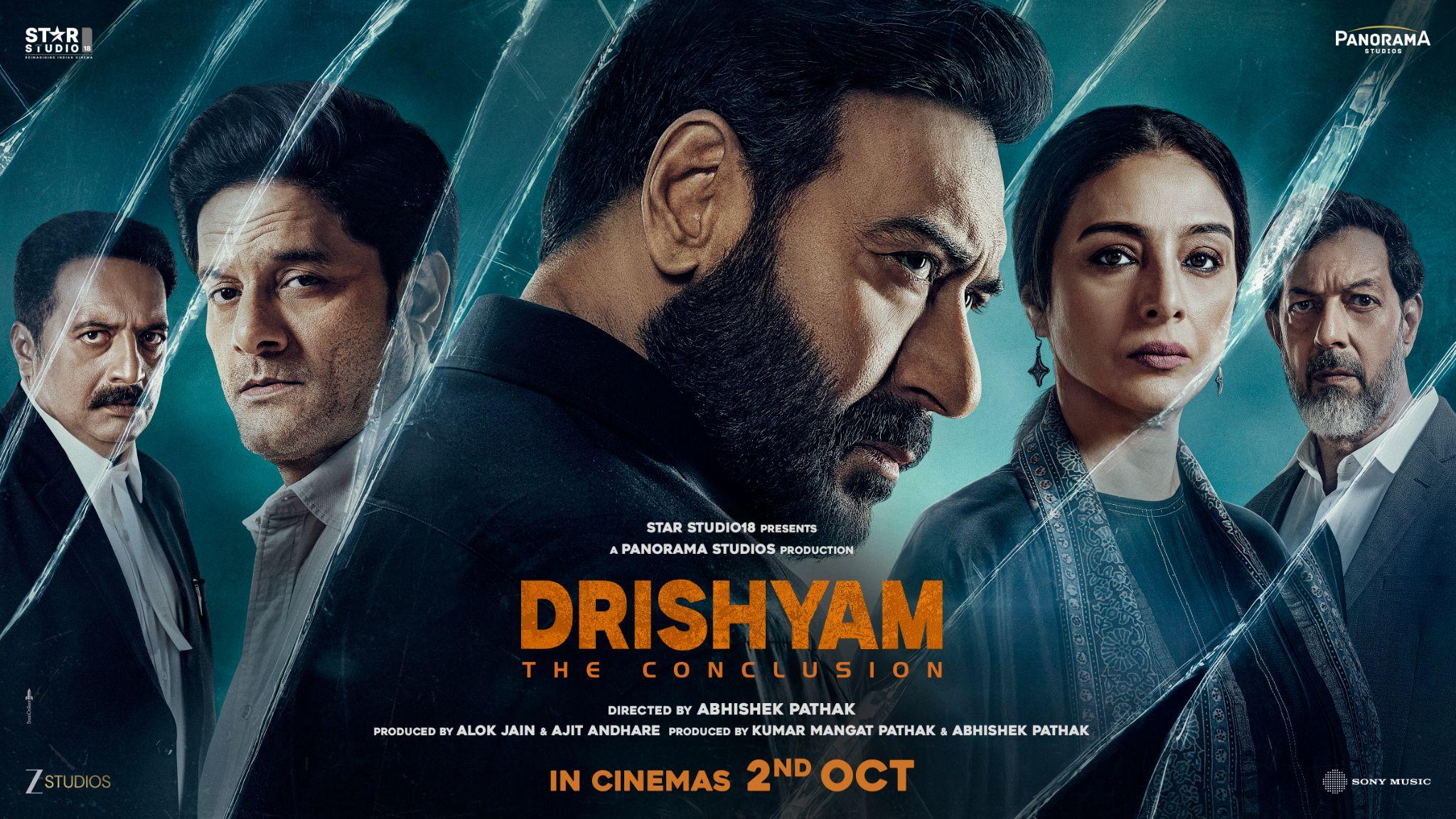 Drishyam: The Conclusion promotional poster featuring Ajay Devgn and the cast