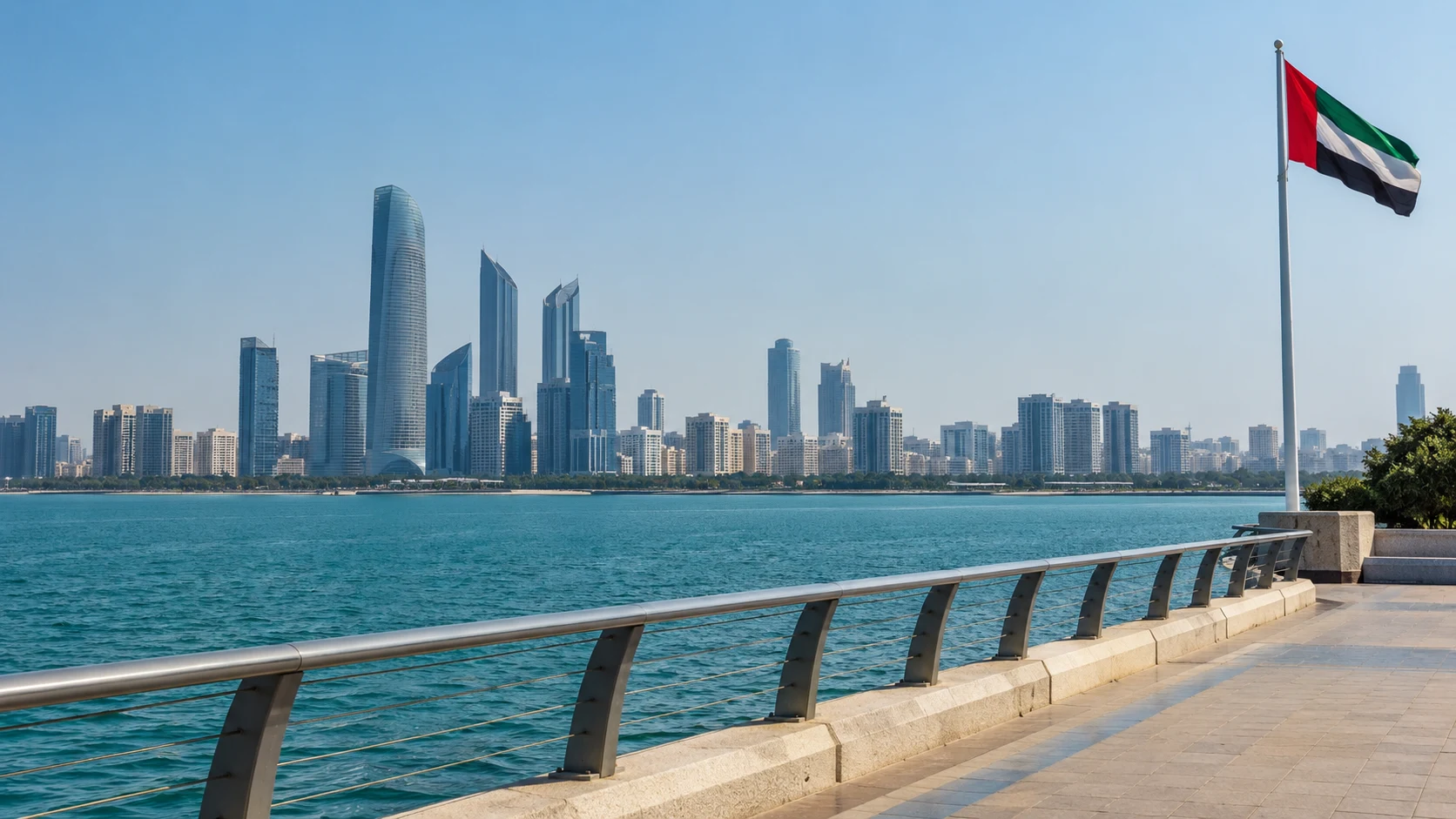 Illustrated UAE waterfront with national flag and distant skyline