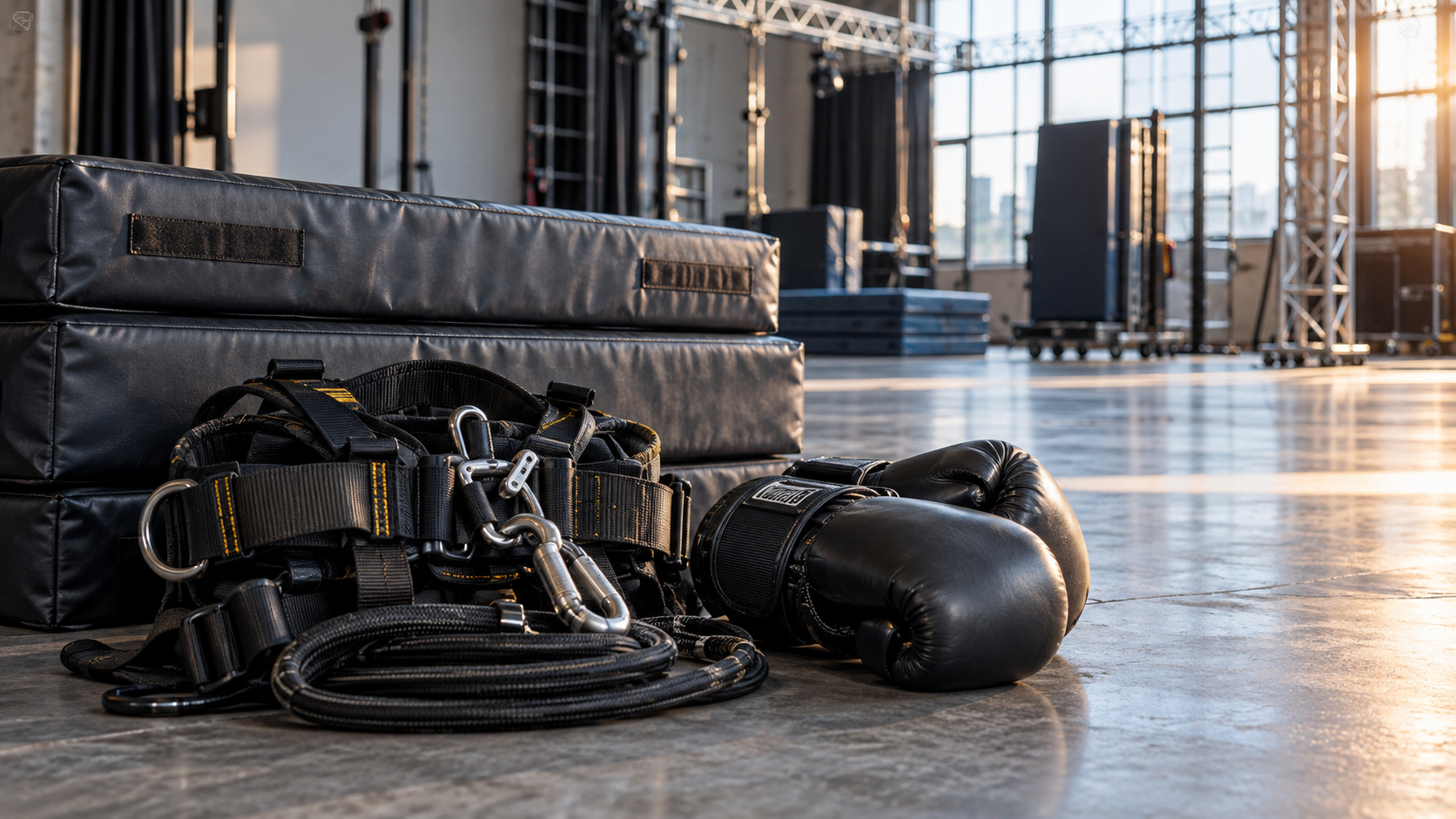 Protective training pads and a stunt harness in a rehearsal studio