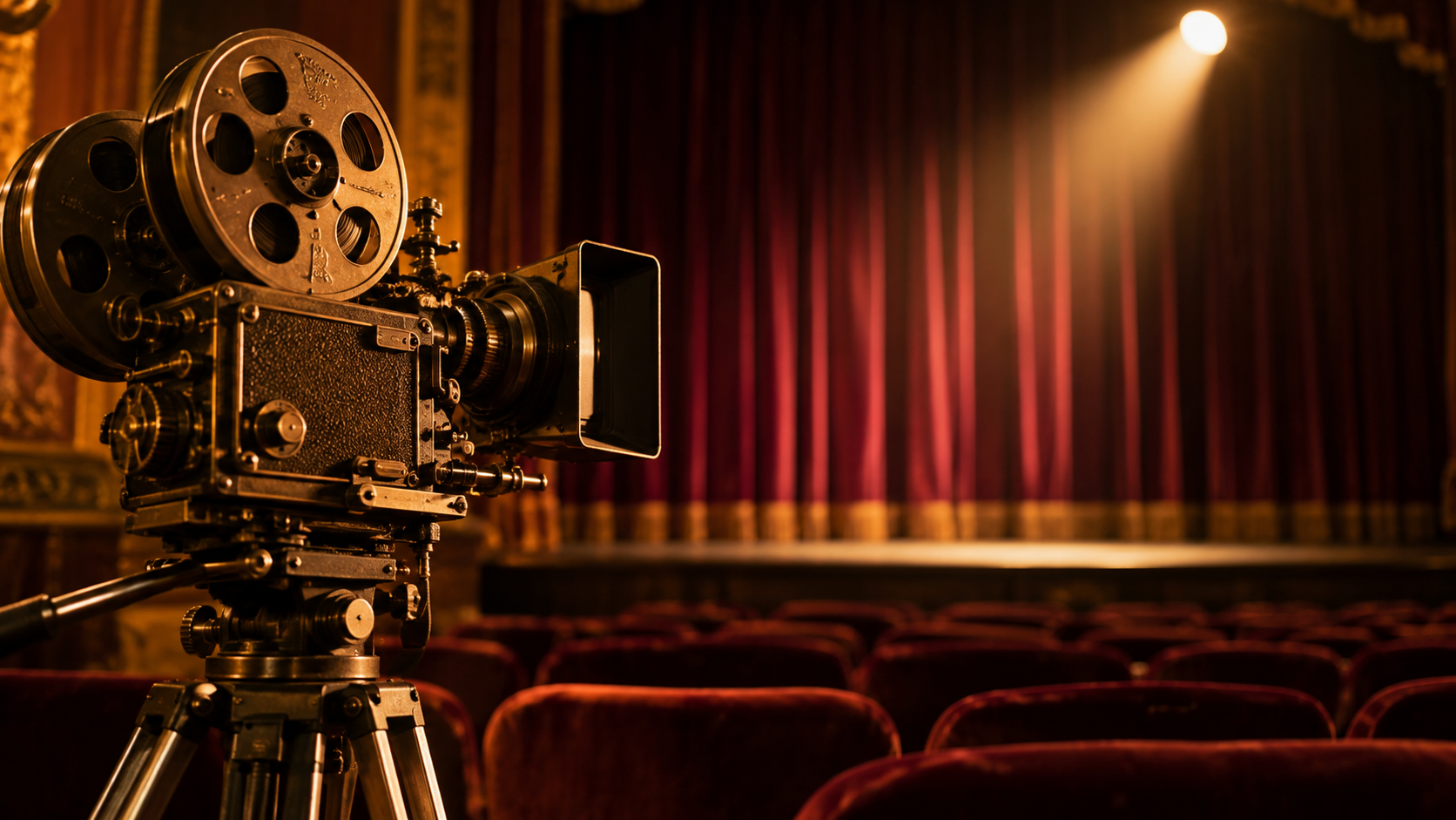 Film camera and theatre curtains illuminated by a spotlight