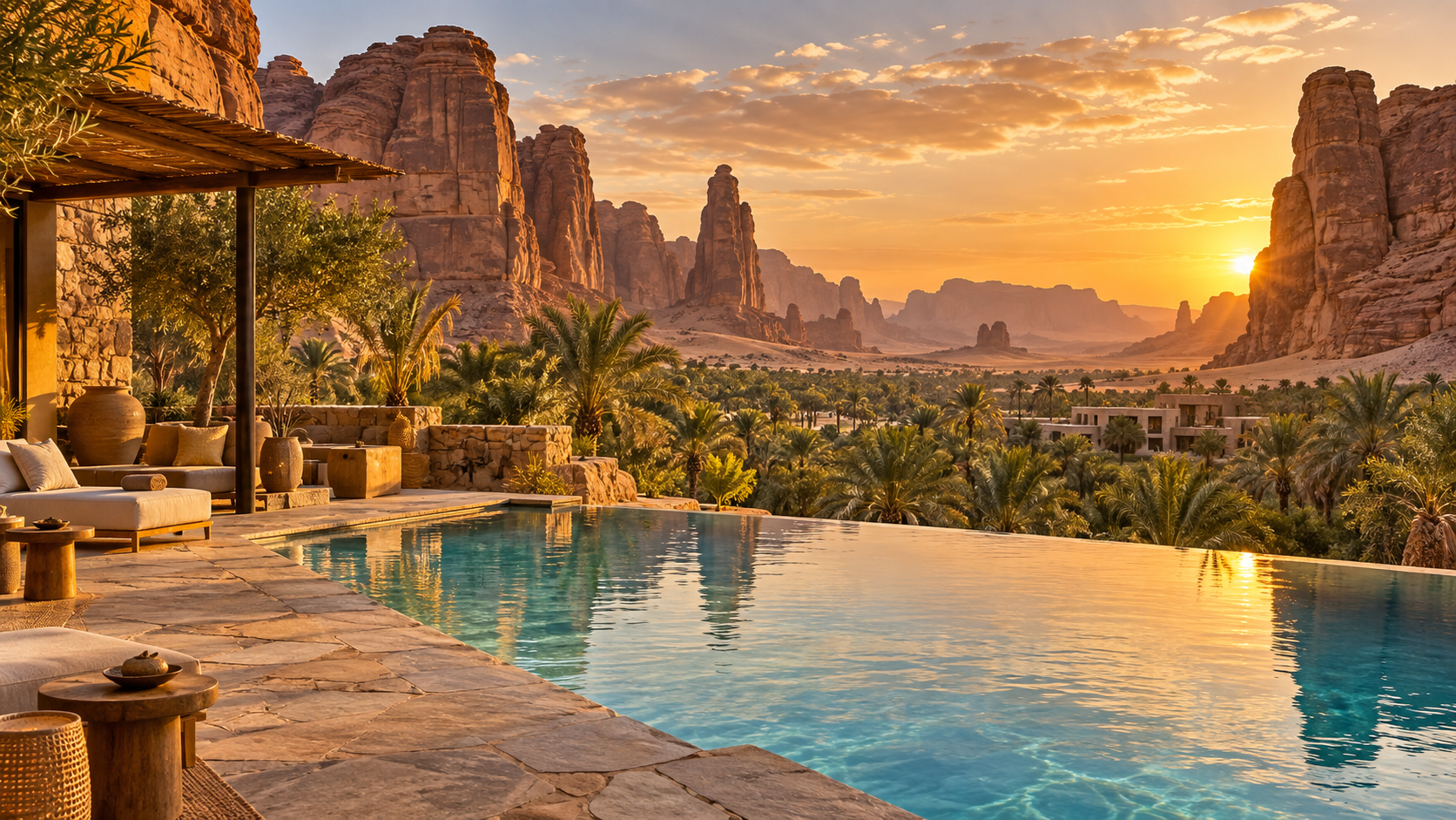 Desert pool overlooking palm trees and sandstone cliffs
