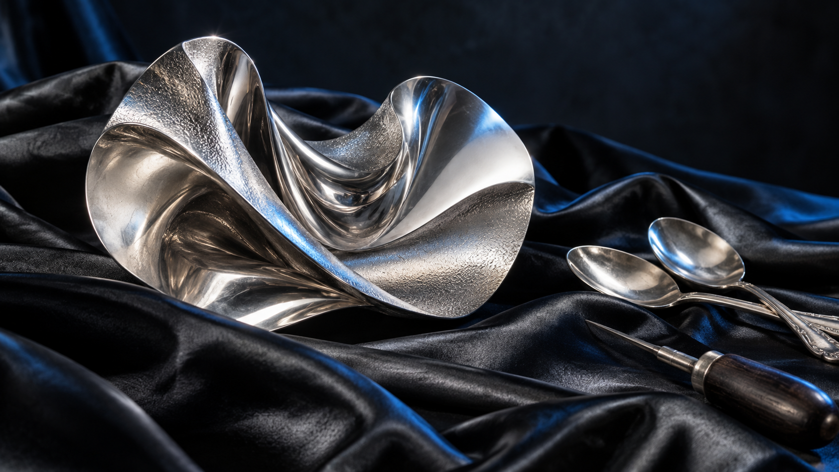 Sculptural silver forms and polished spoons on black silk