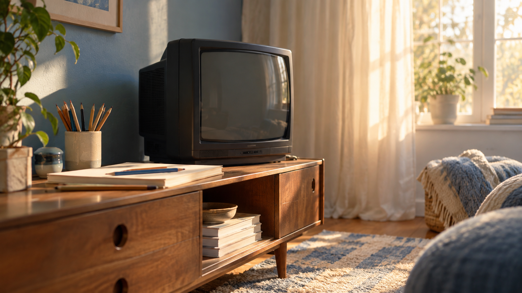 A vintage television and animation sketching tools in a sunlit room