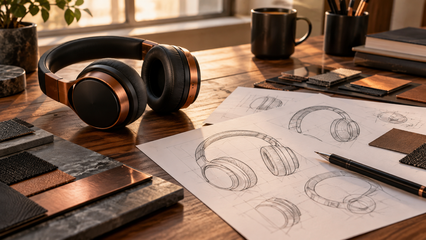 Headphones and product design sketches on an entrepreneur’s desk