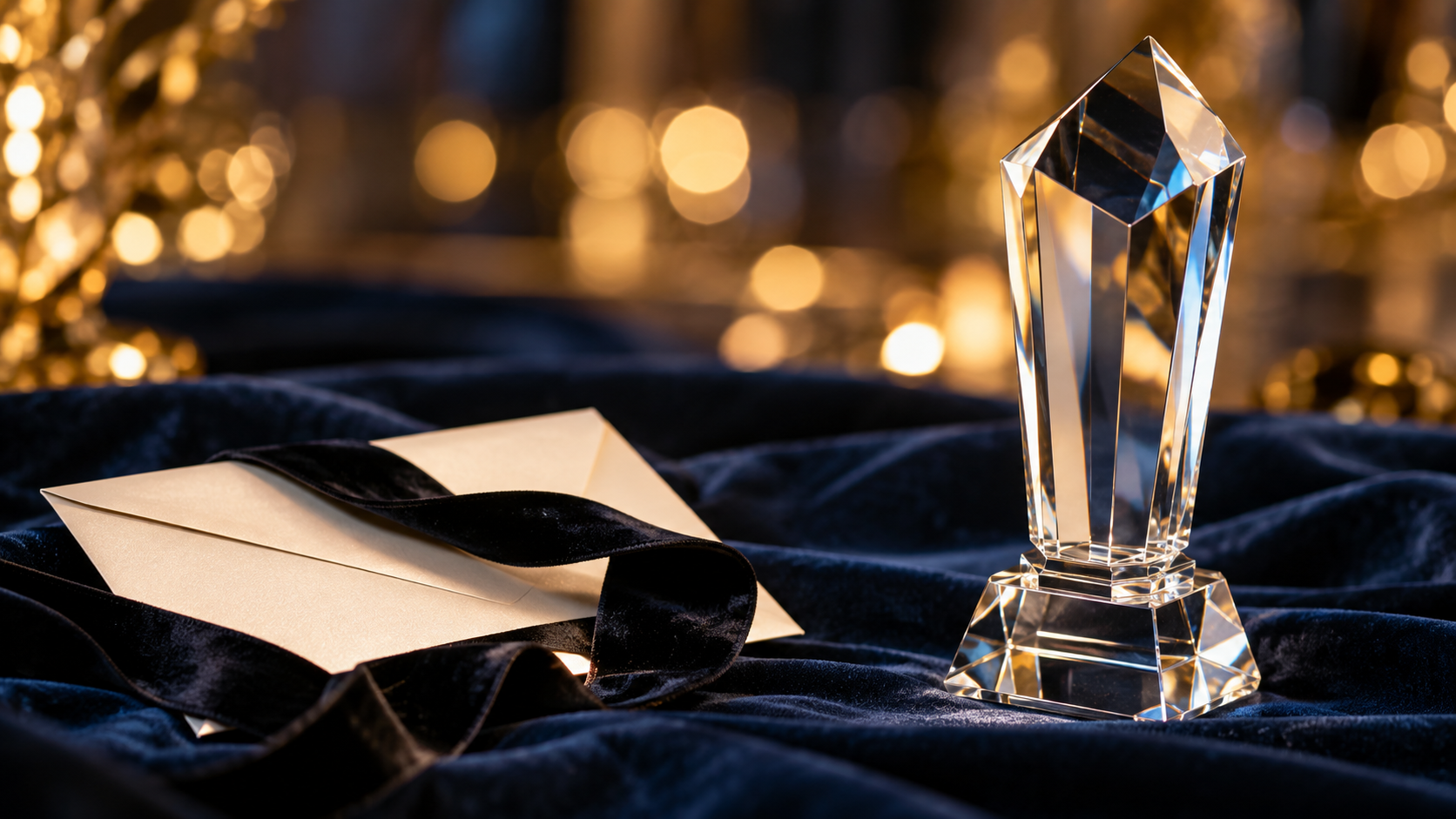 Faceted glass trophy beside an invitation on dark blue fabric