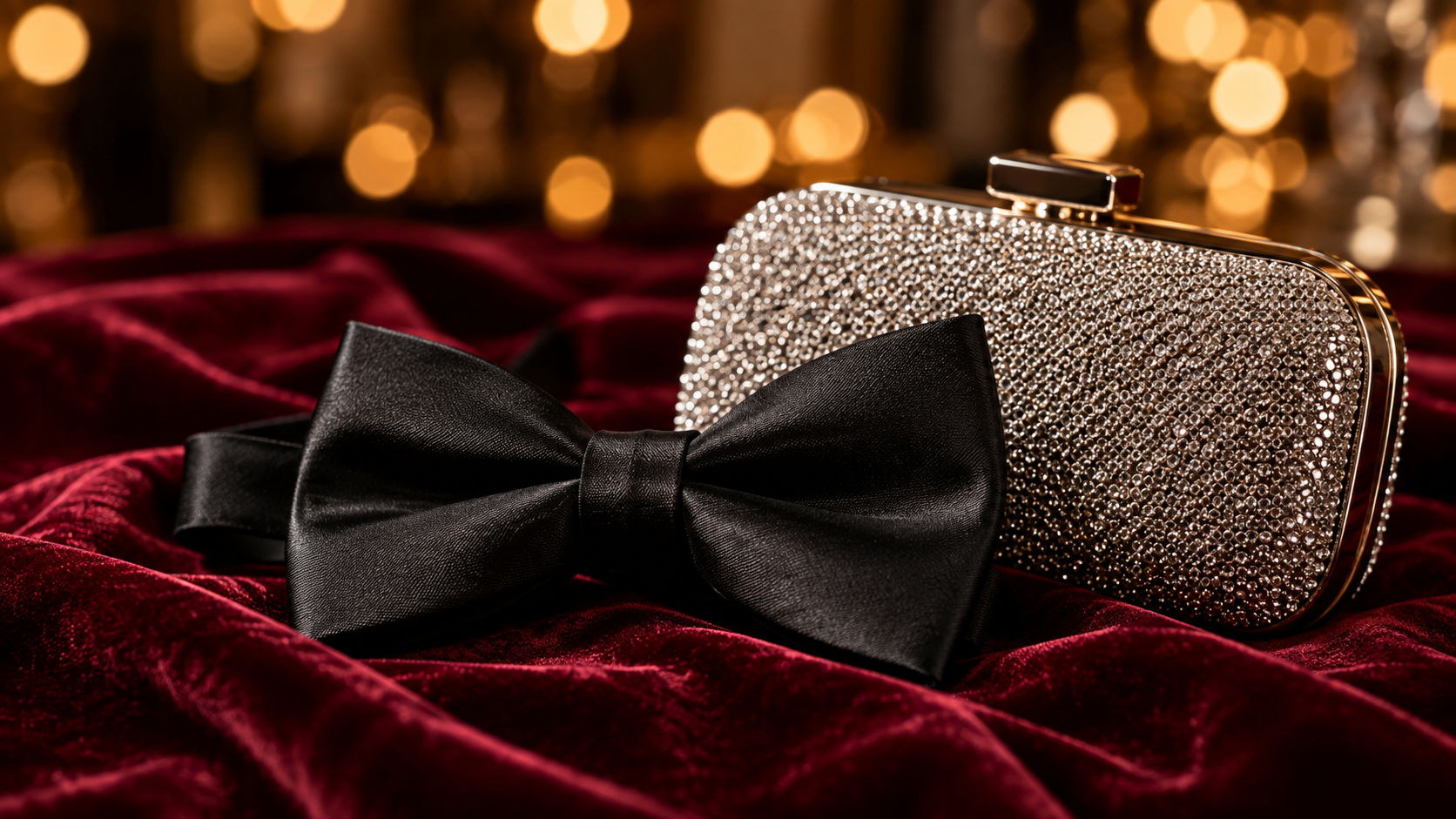 Black bow tie and silver evening clutch on burgundy velvet