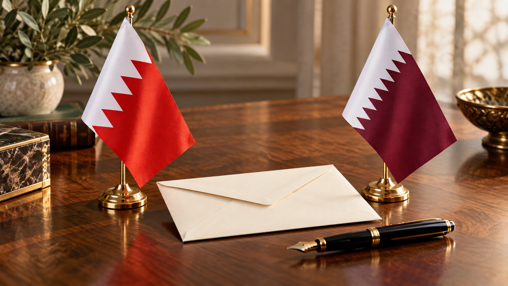 Bahrain and Qatar desk flags beside an envelope and pen