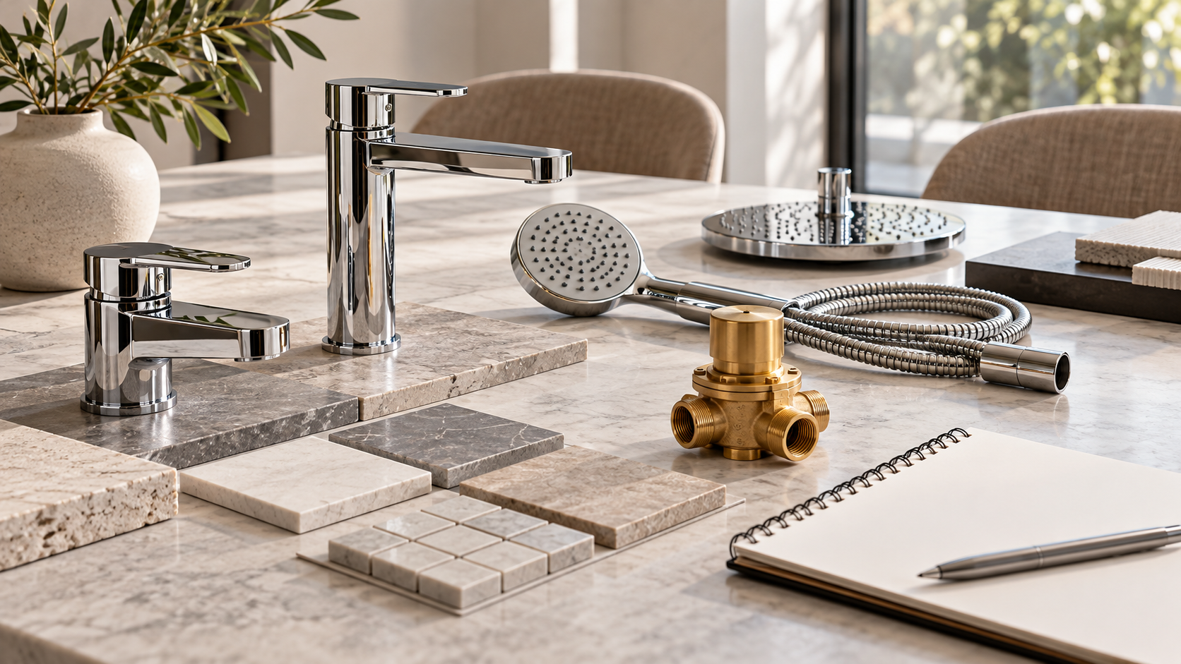 Unbranded bathroom fittings and tile samples on a trade desk