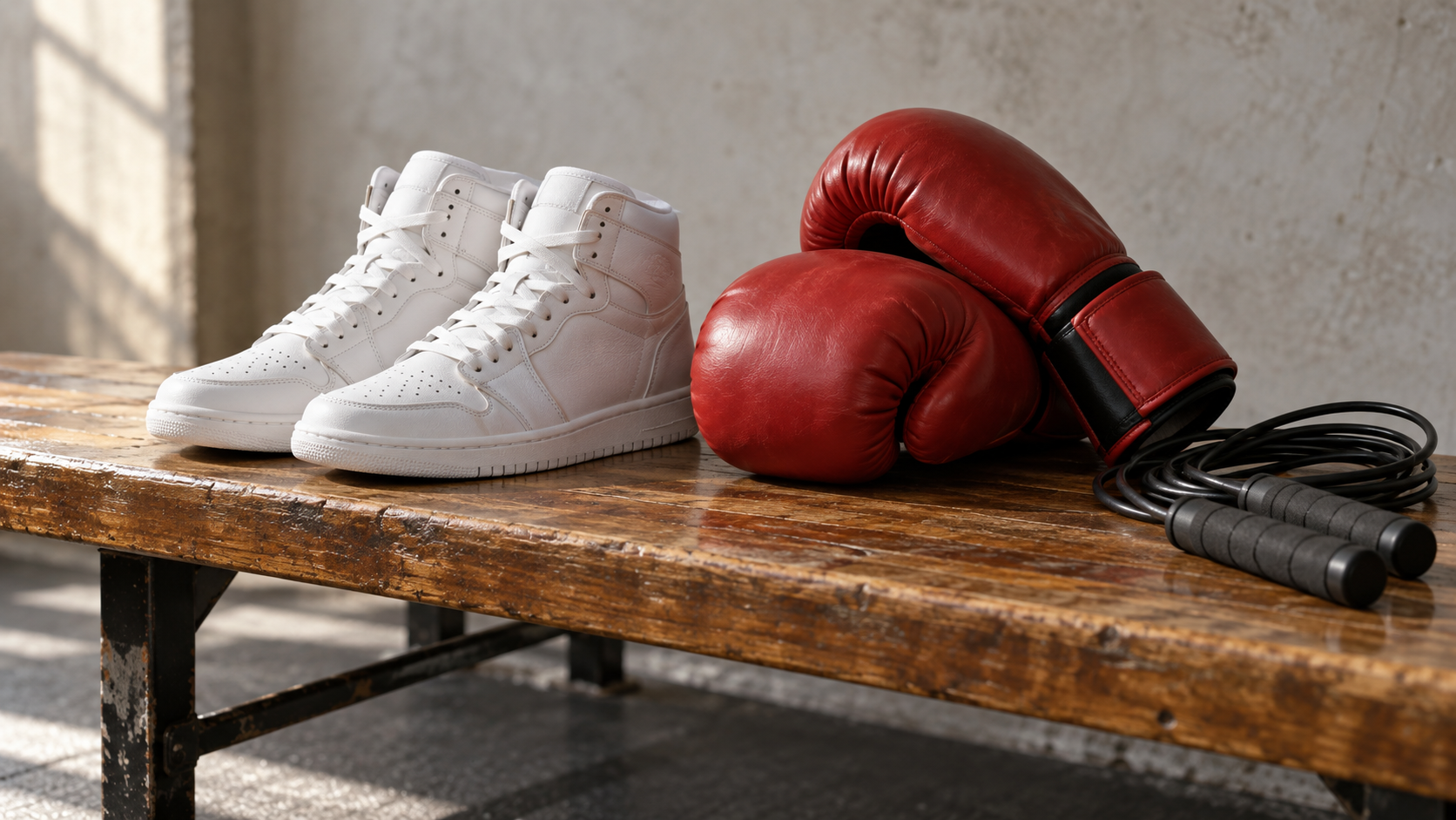 Unbranded trainers, boxing gloves and skipping rope