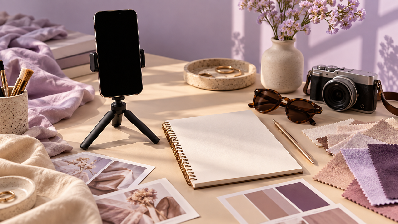 Phone tripod, camera and fashion fabric samples