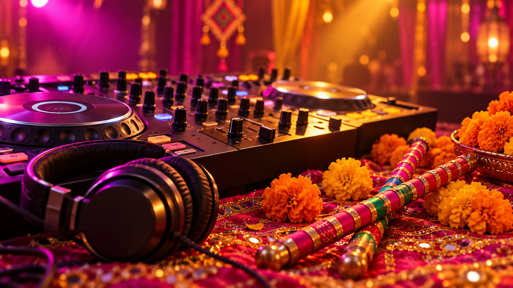DJ mixer and headphones with dandiya sticks and marigolds