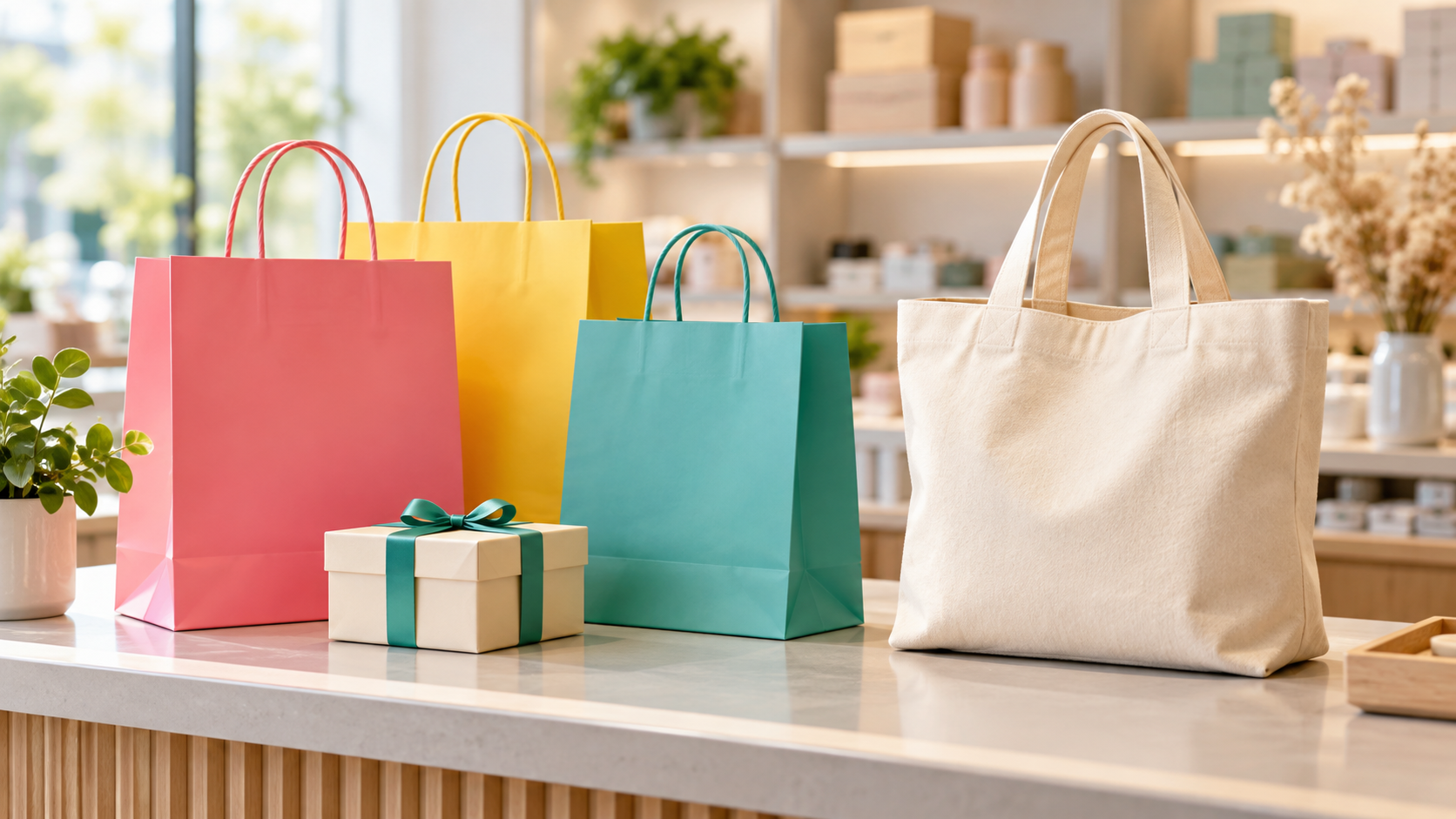 Plain shopping bags and a wrapped gift on a retail counter