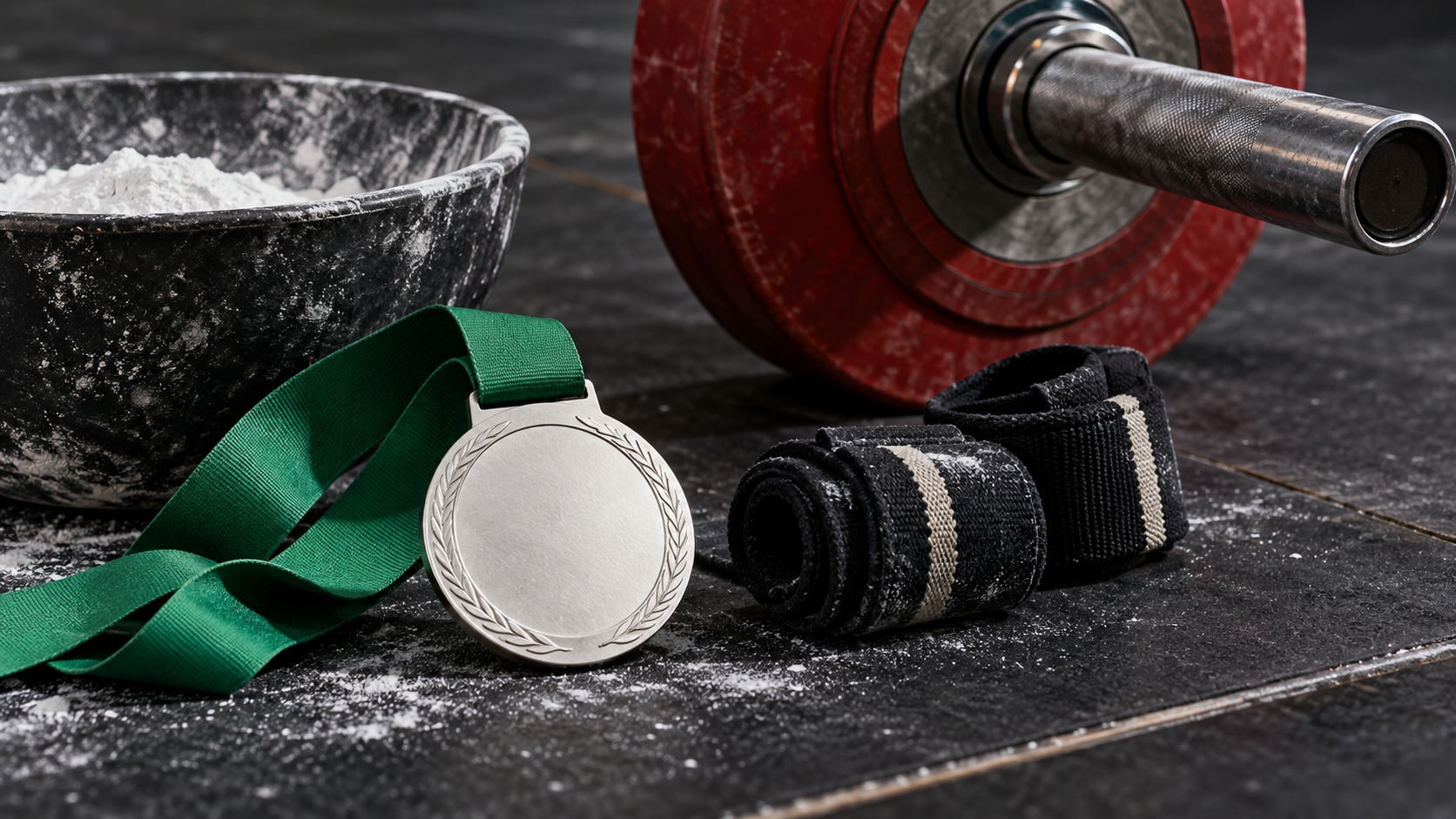 Plain silver medal, lifting straps, chalk and a barbell