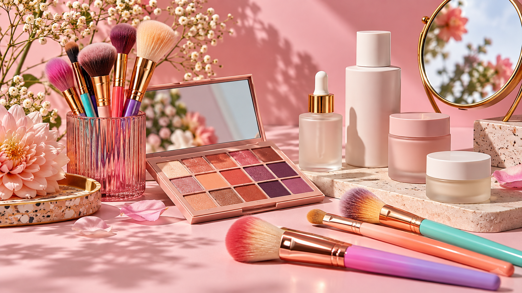 Unbranded makeup brushes, palette and skincare bottles