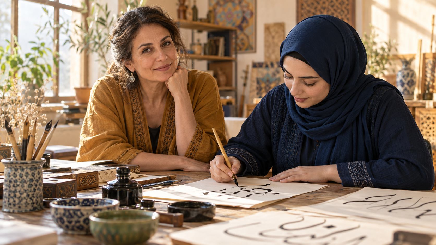 Adults practicing calligraphy with reed pens