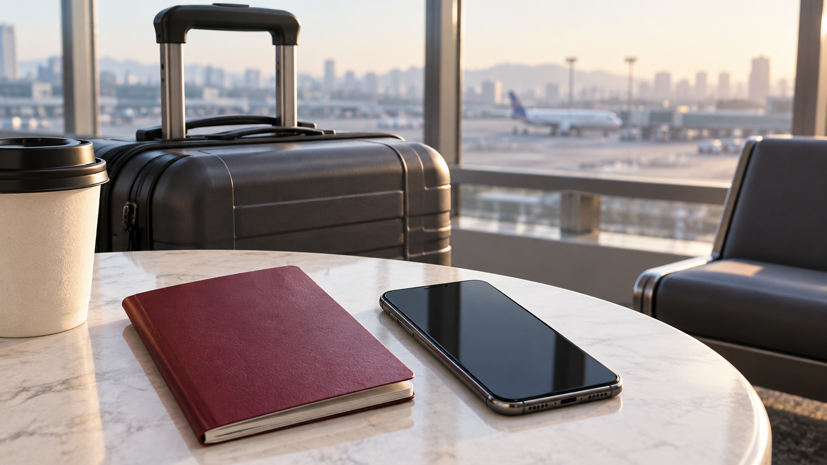 Plain travel document, suitcase and smartphone in an airport lounge
