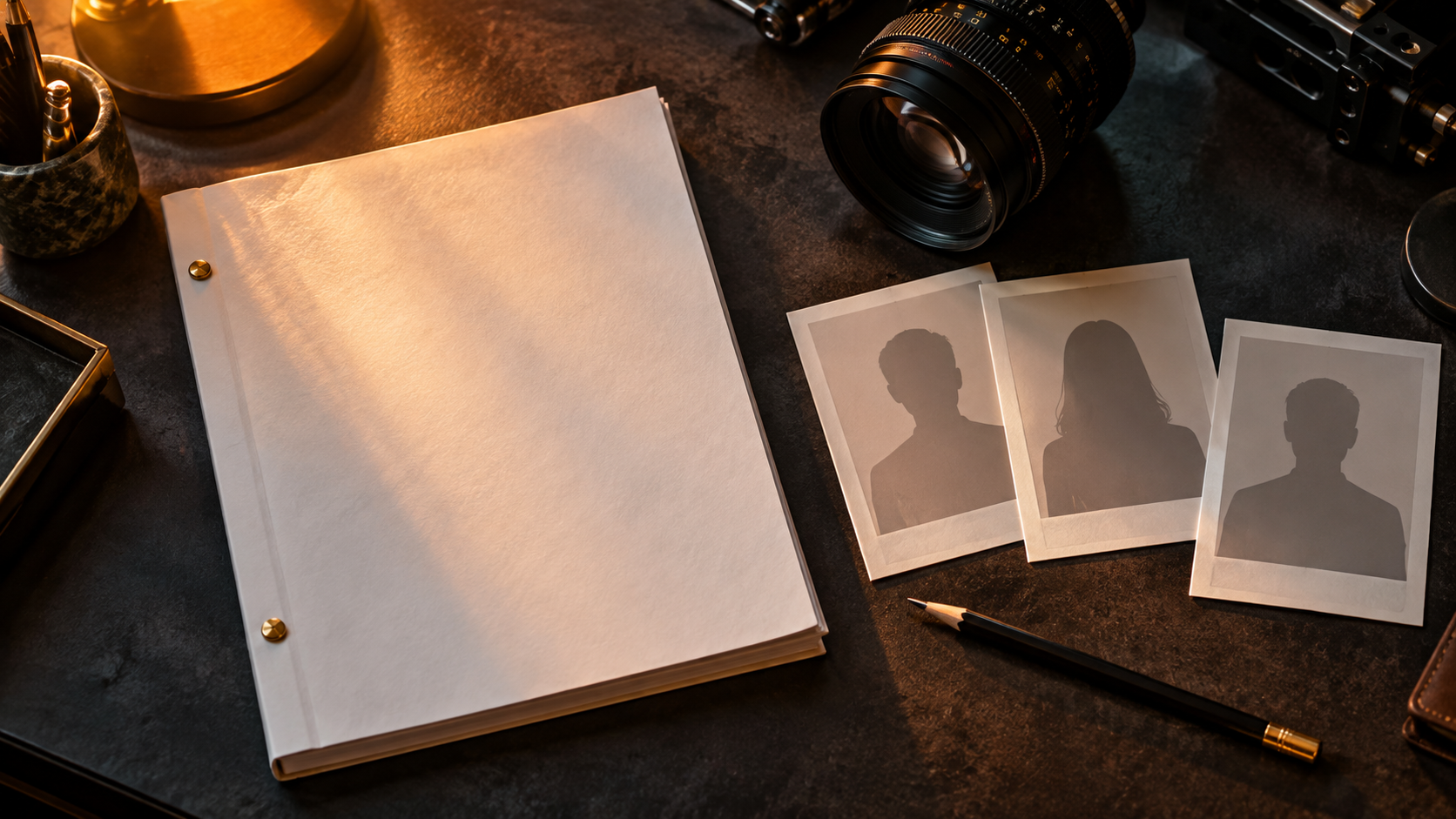Casting scripts beside a studio camera lens
