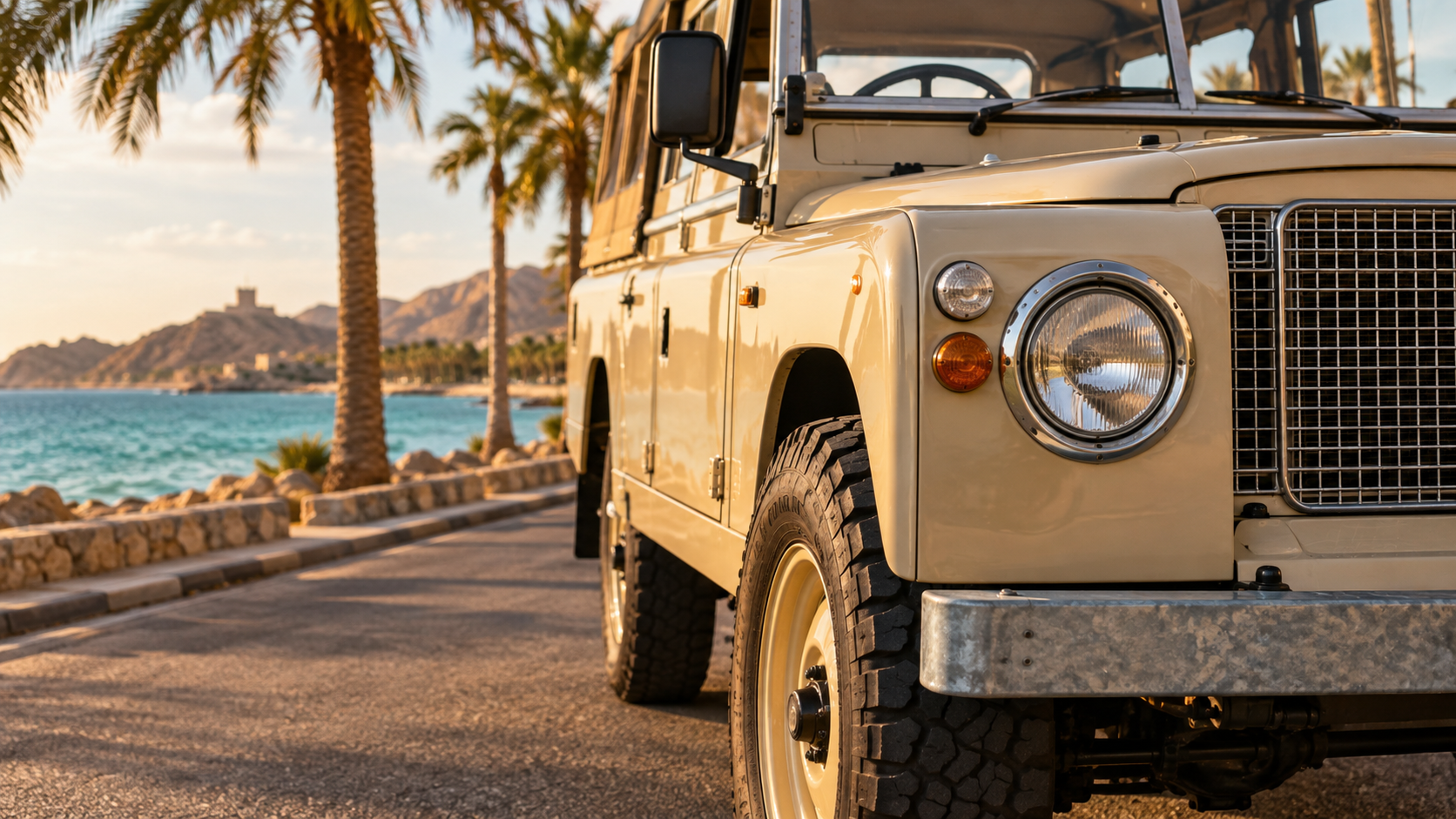 Classic off-road vehicle beside a coastal road