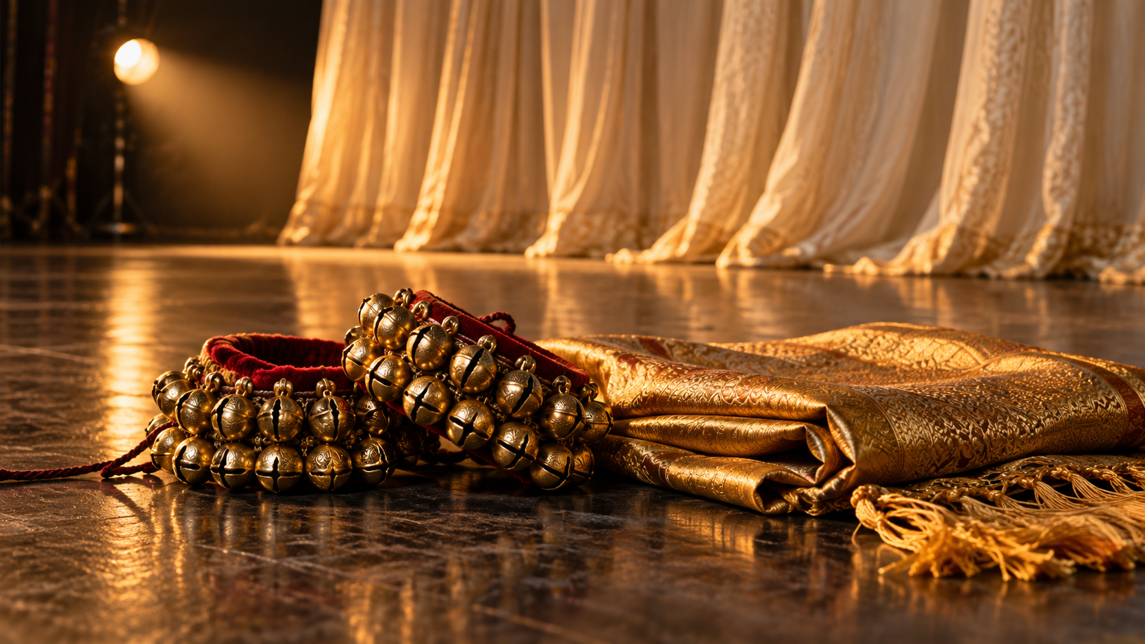 Brass dance ankle bells and gold silk beside a stage curtain