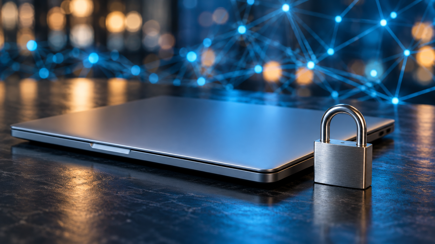 Closed laptop beside a padlock and blue network reflections