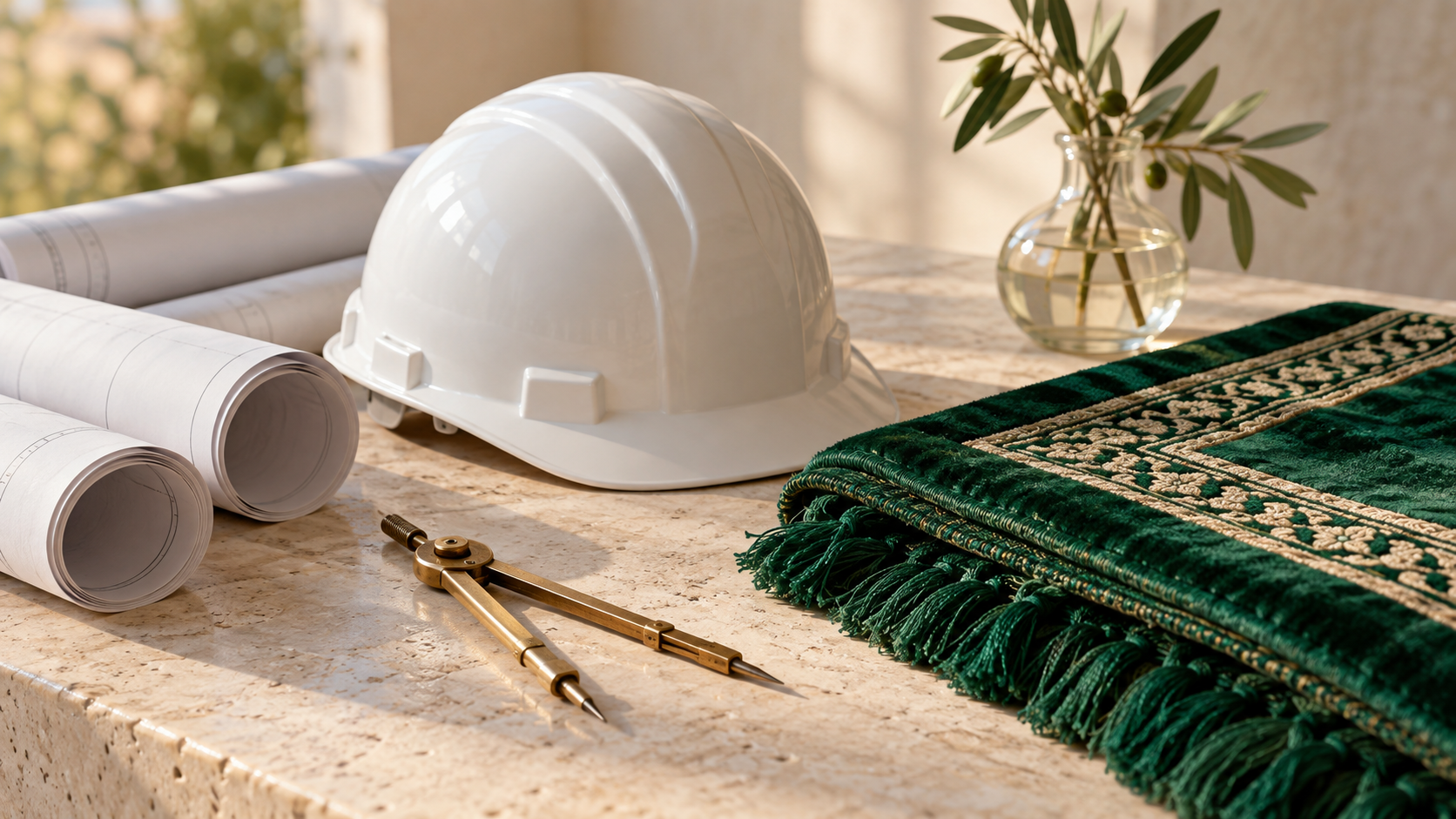 Safety helmet, architectural plans and a folded prayer mat