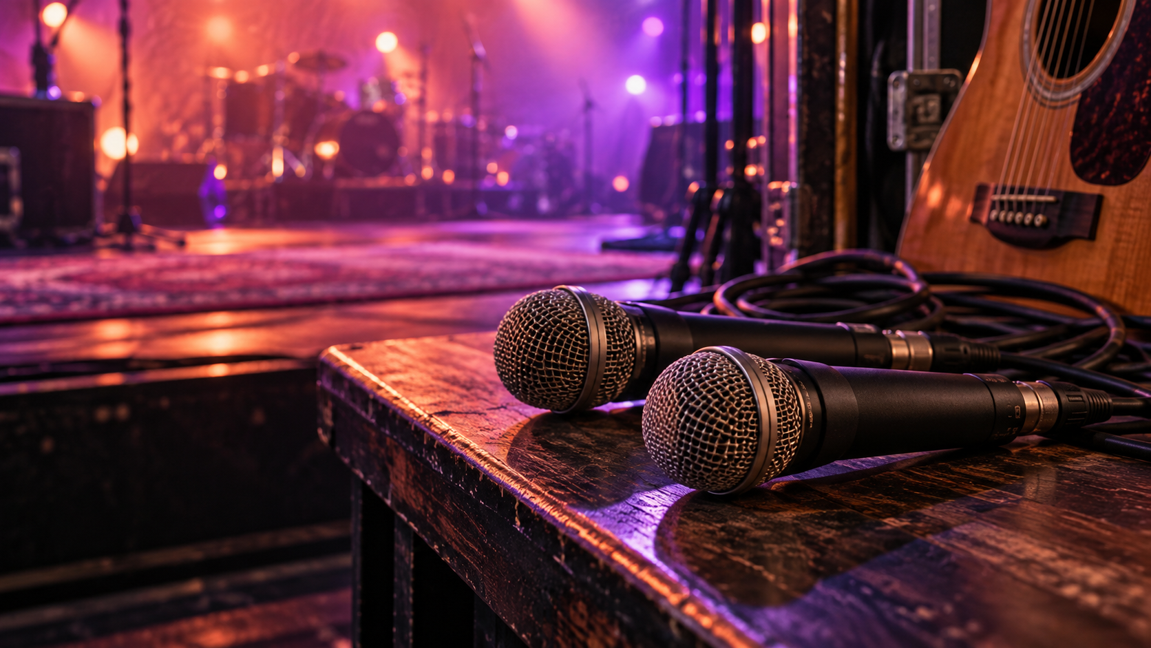 Two microphones on a backstage bench
