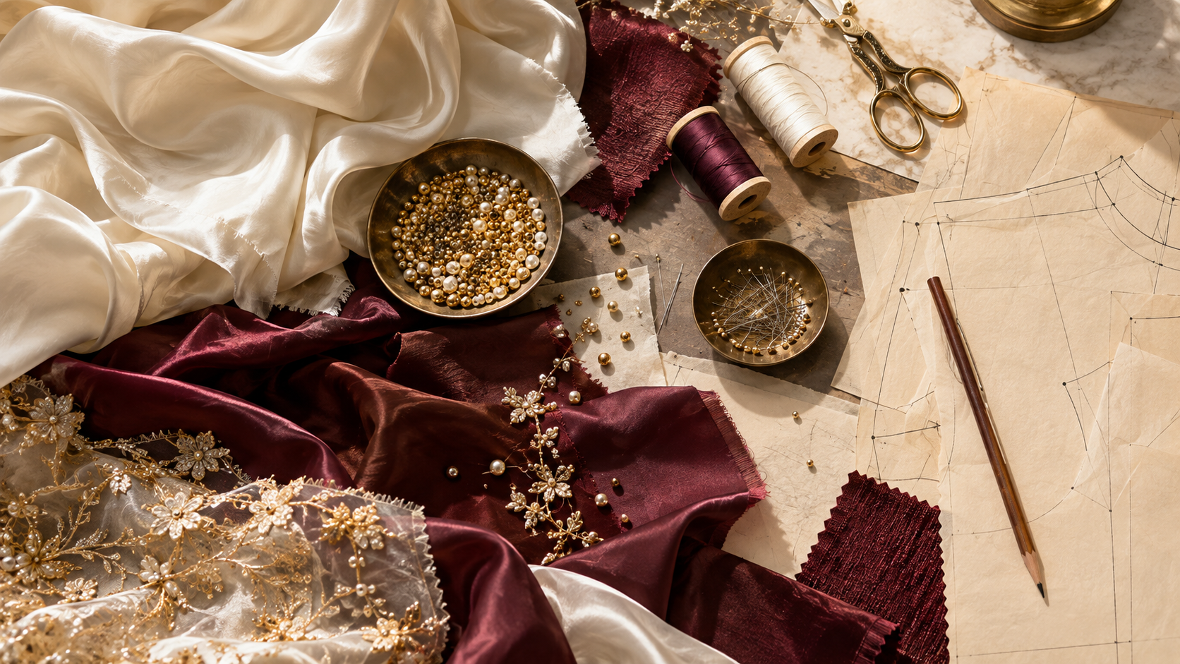 Silk swatches and beading on a couture worktable