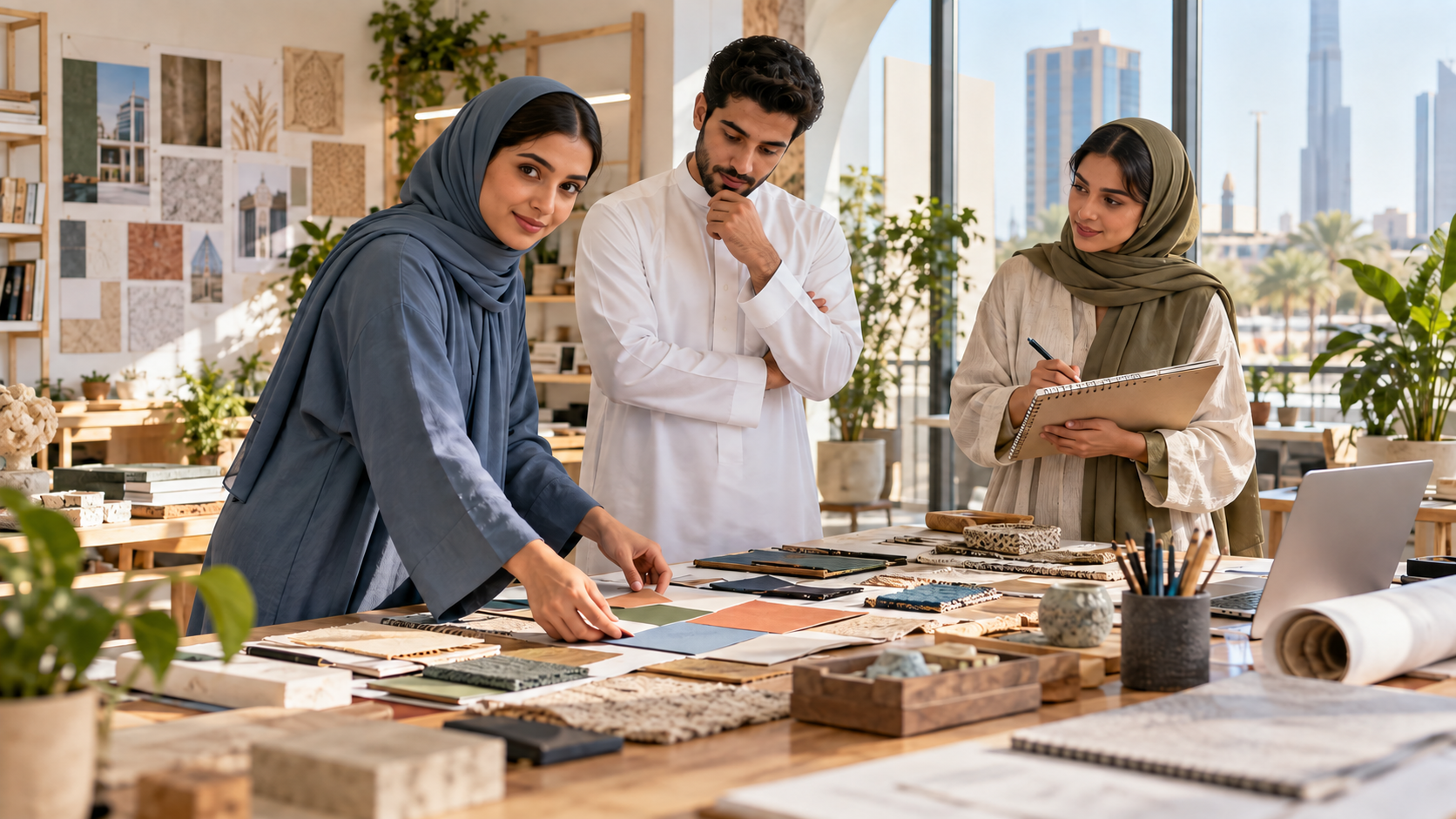 Creative professionals collaborating around a studio worktable