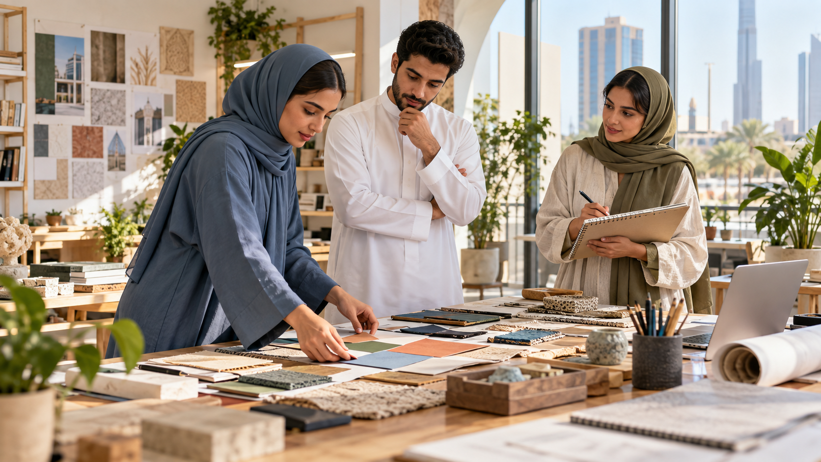 Creative professionals collaborating around a studio worktable