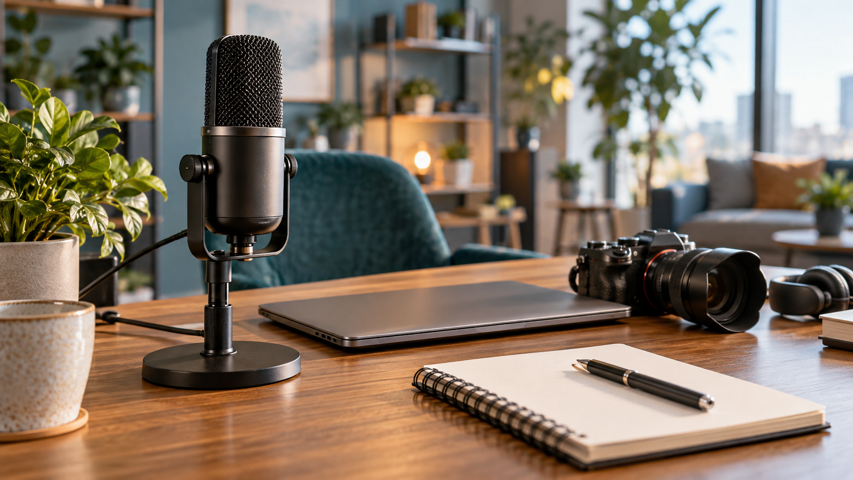 A recording microphone and camera beside a business planning notebook