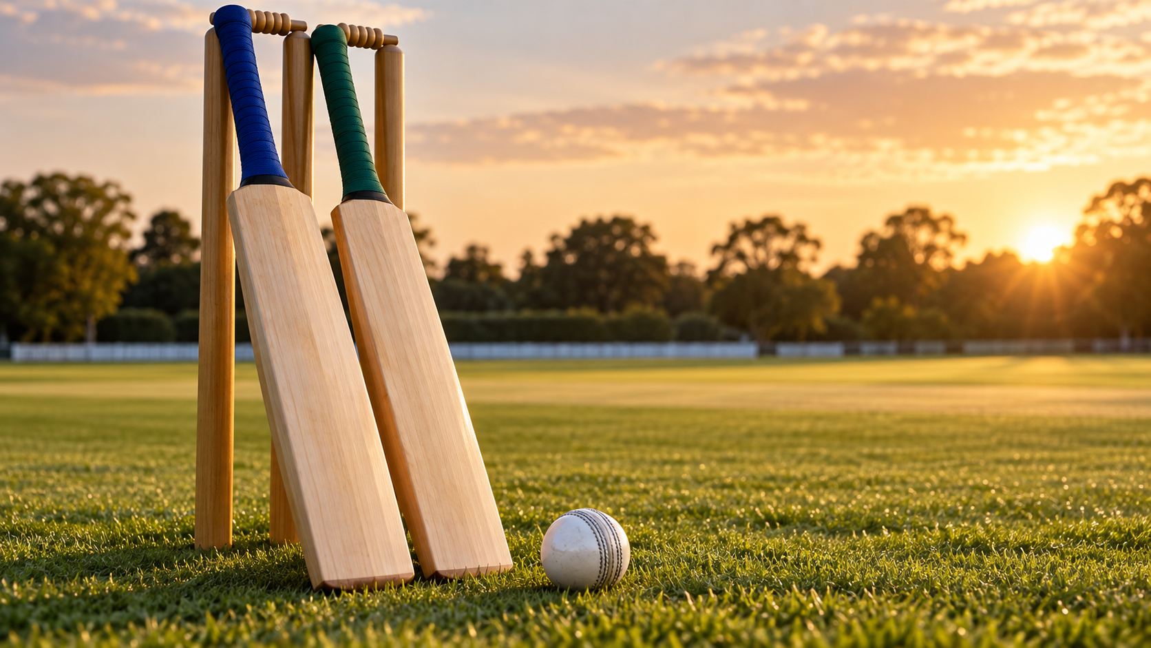 Cricket bats with blue and green grips beside stumps and a white ball