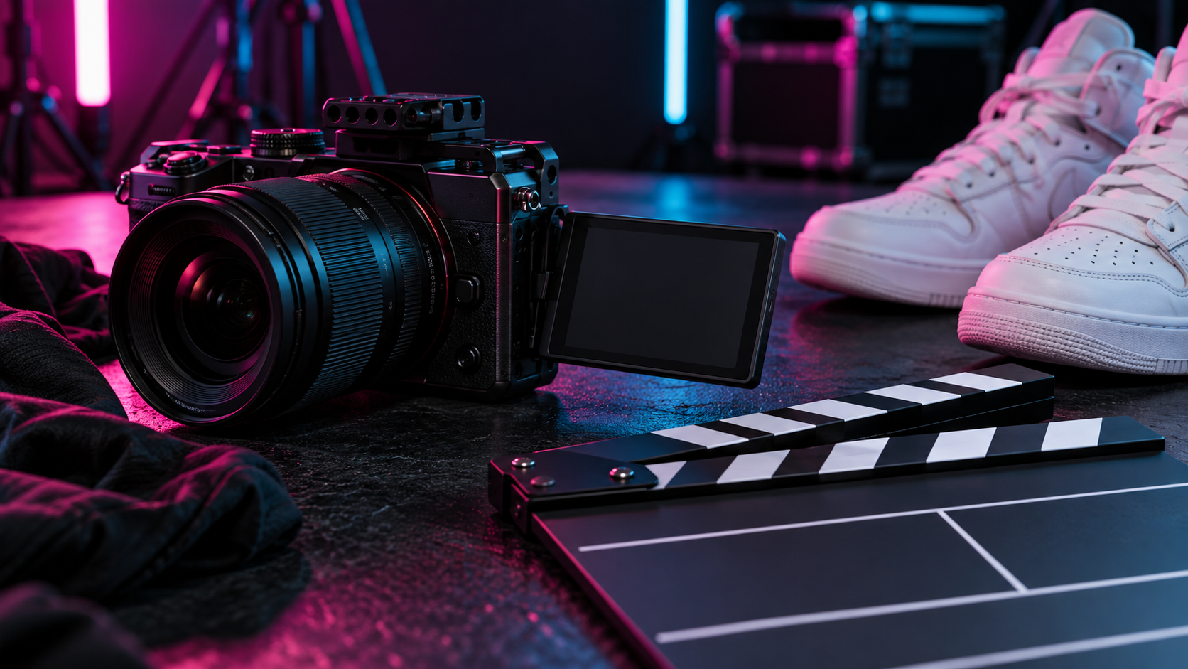 Camera and dance shoes in a colourful content creation studio