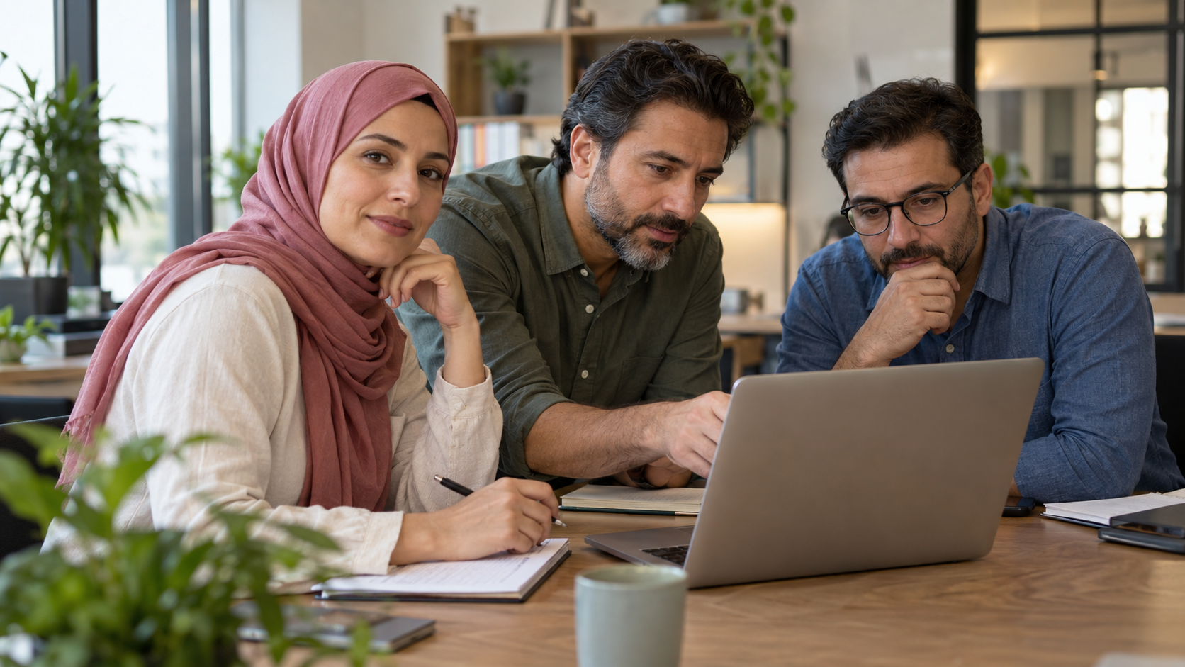 Technology colleagues collaborating around a laptop