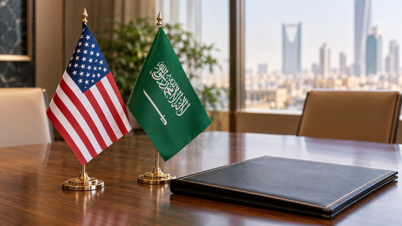 United States and Saudi Arabian desk flags beside a closed conference folder