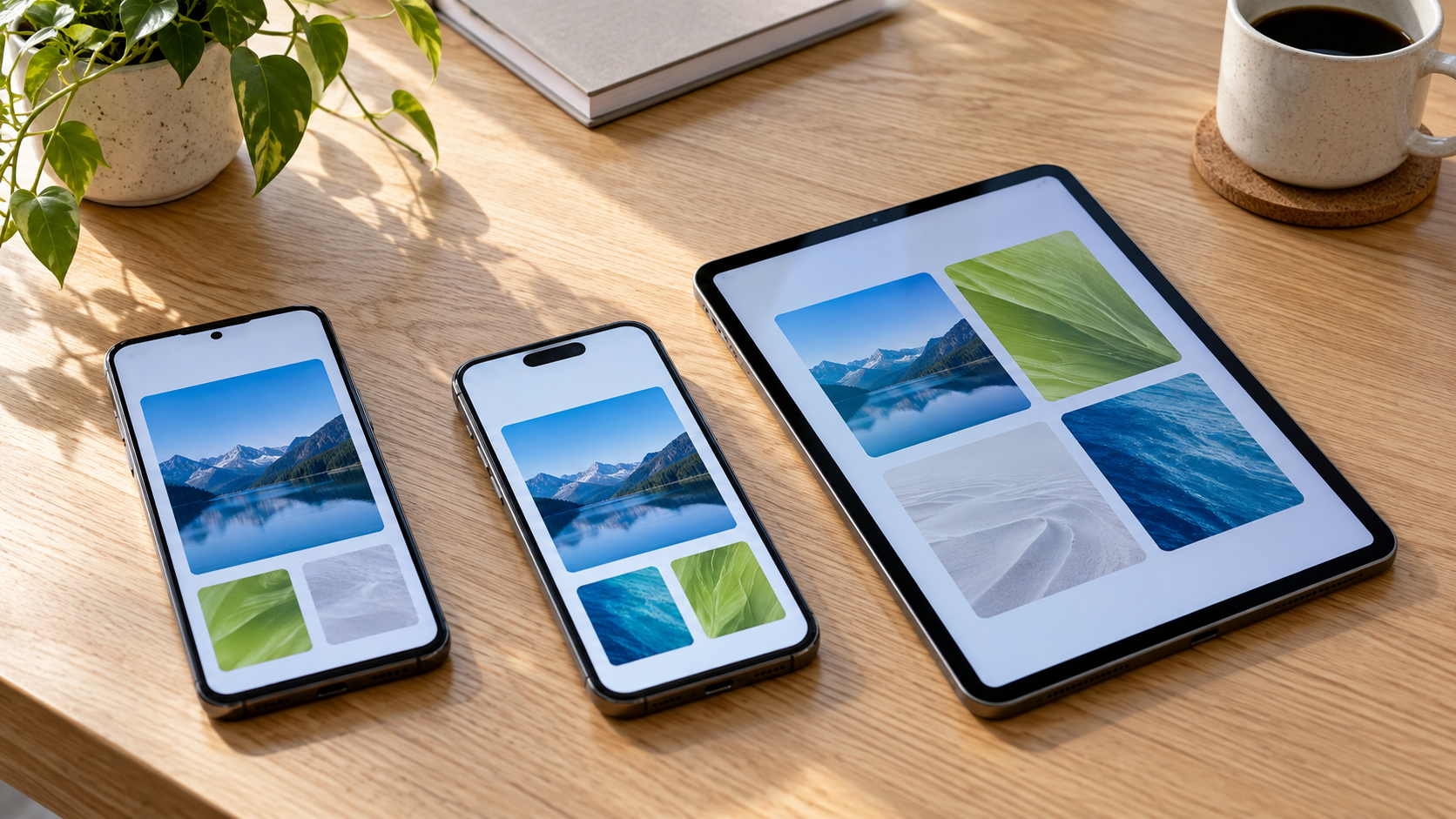 Two smartphones on a desk beside a tablet