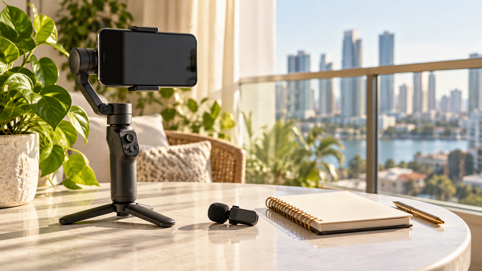 Smartphone gimbal and microphone on a sunlit table