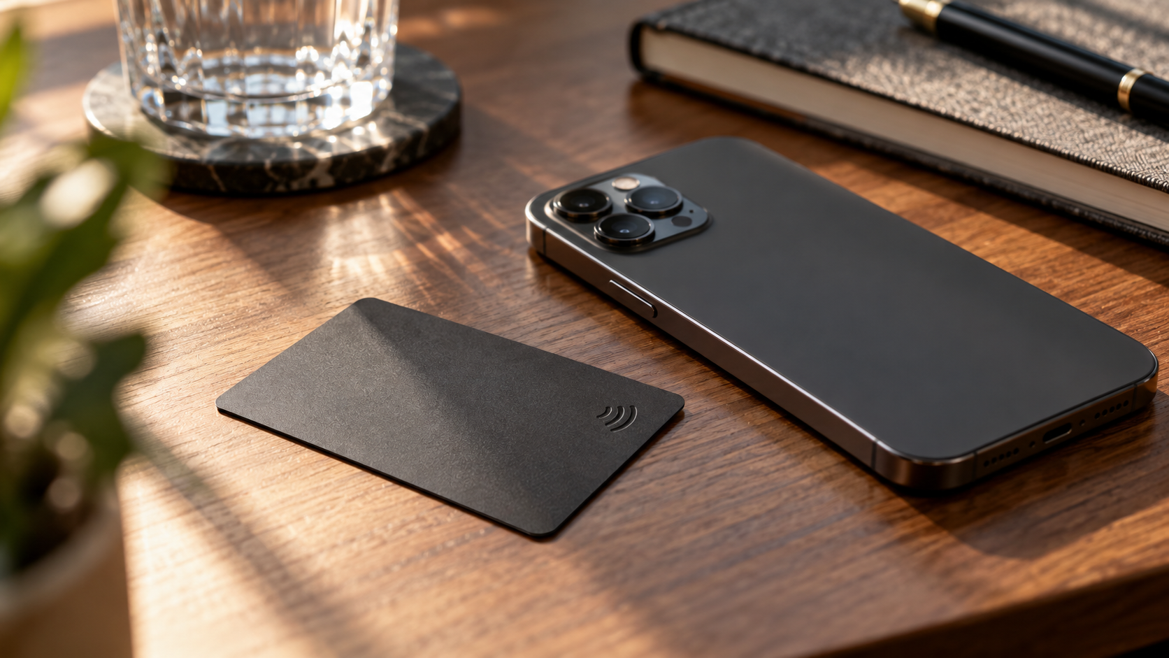 Blank contactless business card beside a smartphone on a workspace