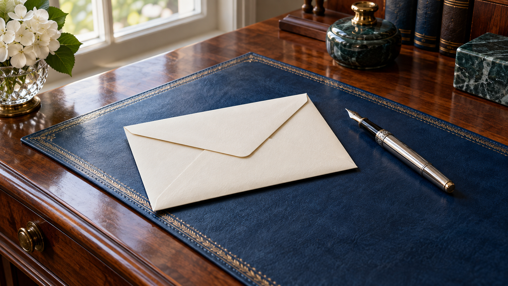 Plain sealed envelope and fountain pen on a writing desk