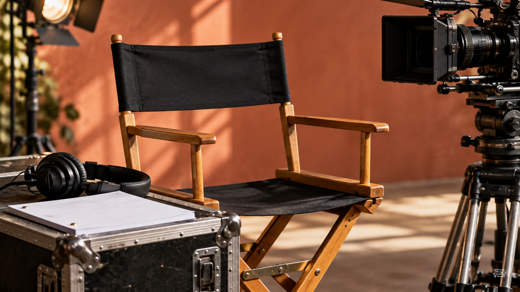 Director chair and screenplay beside a studio camera