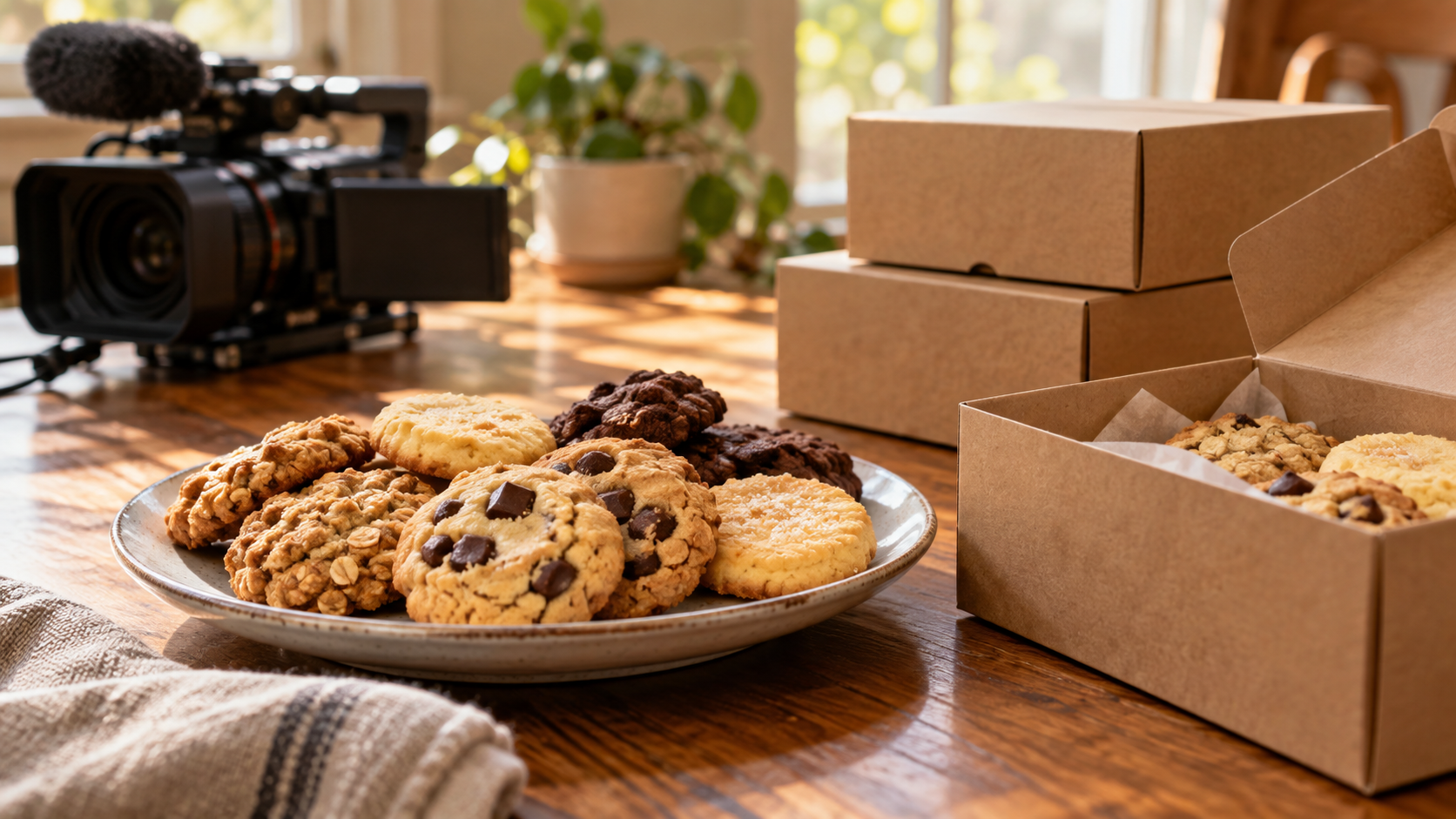 Cookies and a compact documentary camera on a table